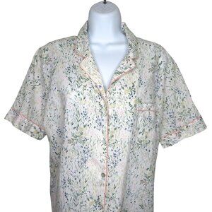 Joie Floral Print Pajama Top Button-Front Closure Pink Piping Short Sleeve Large